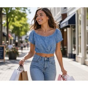 The Moon Blue Eyelet Crop Top Off Shoulder Elastic Waist Puff Sleeve Blouse